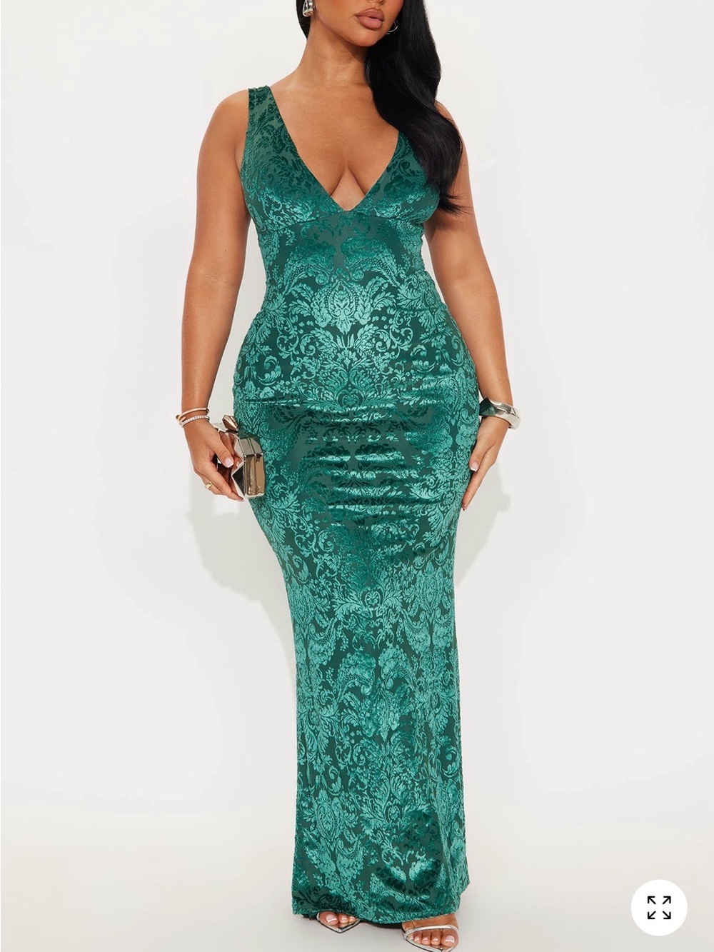 Fashion Nova Green Brocade V-Neck Maxi Dress